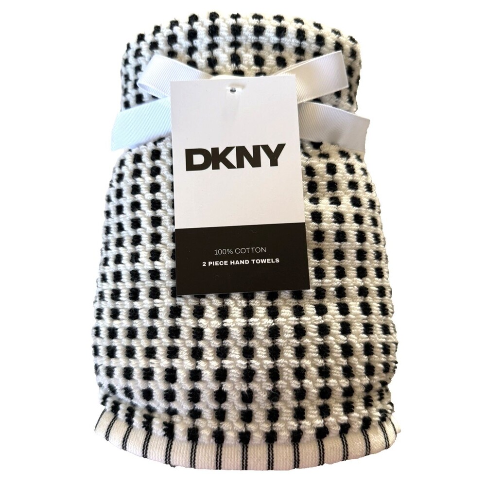 DKNY Hand Towels Set of 2 Black Ivory Check Dot Cotton 16x28 Country Cabin
